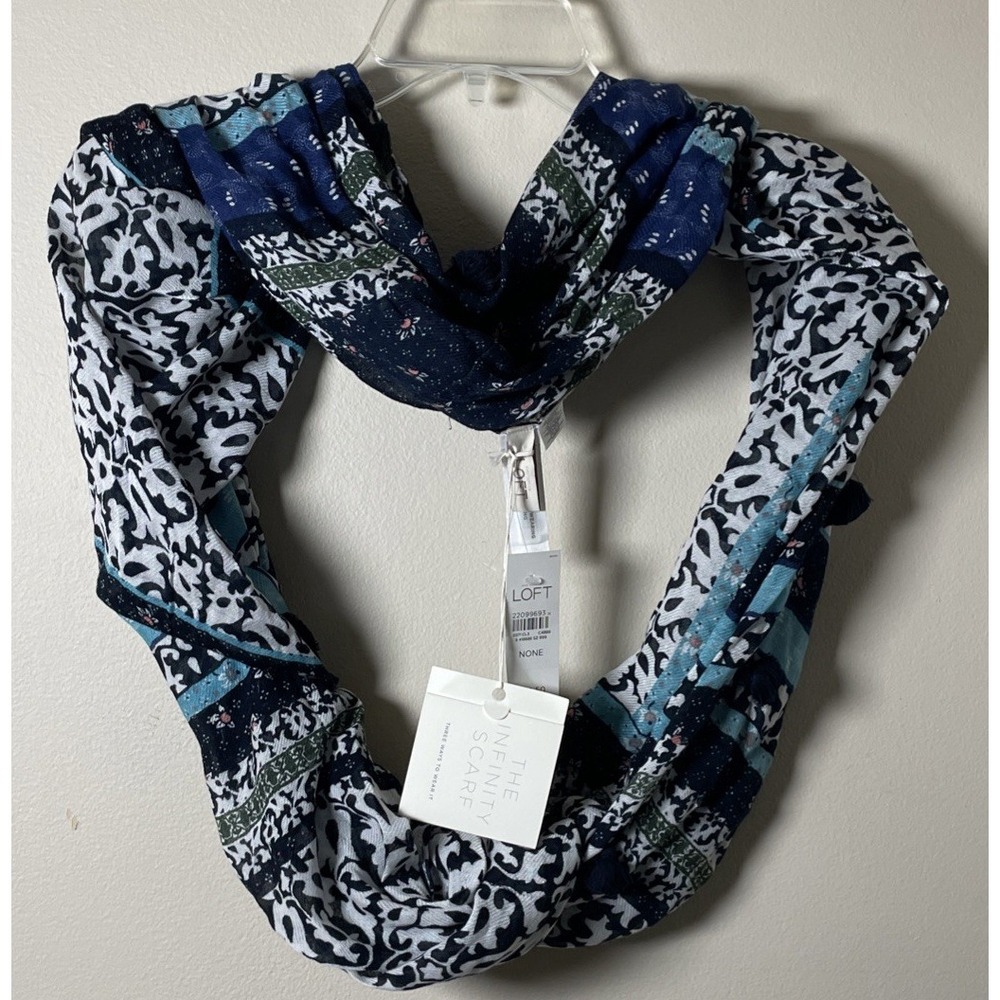 Loft Cotton Modal Blend Blue Paisley Tasseled Patchwork Infinity Scarf NWT